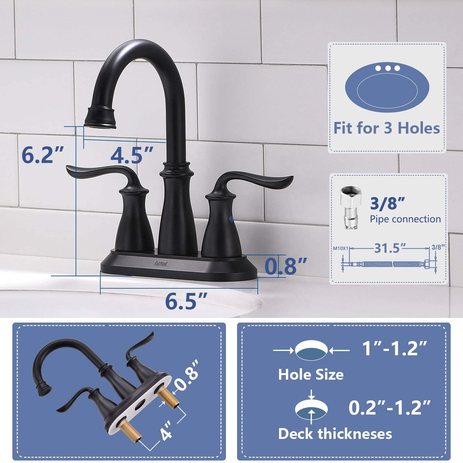 Deck Mounted Faucet Basin Faucet Matt Black Taps 3 Hole Handle Bathroom Faucets