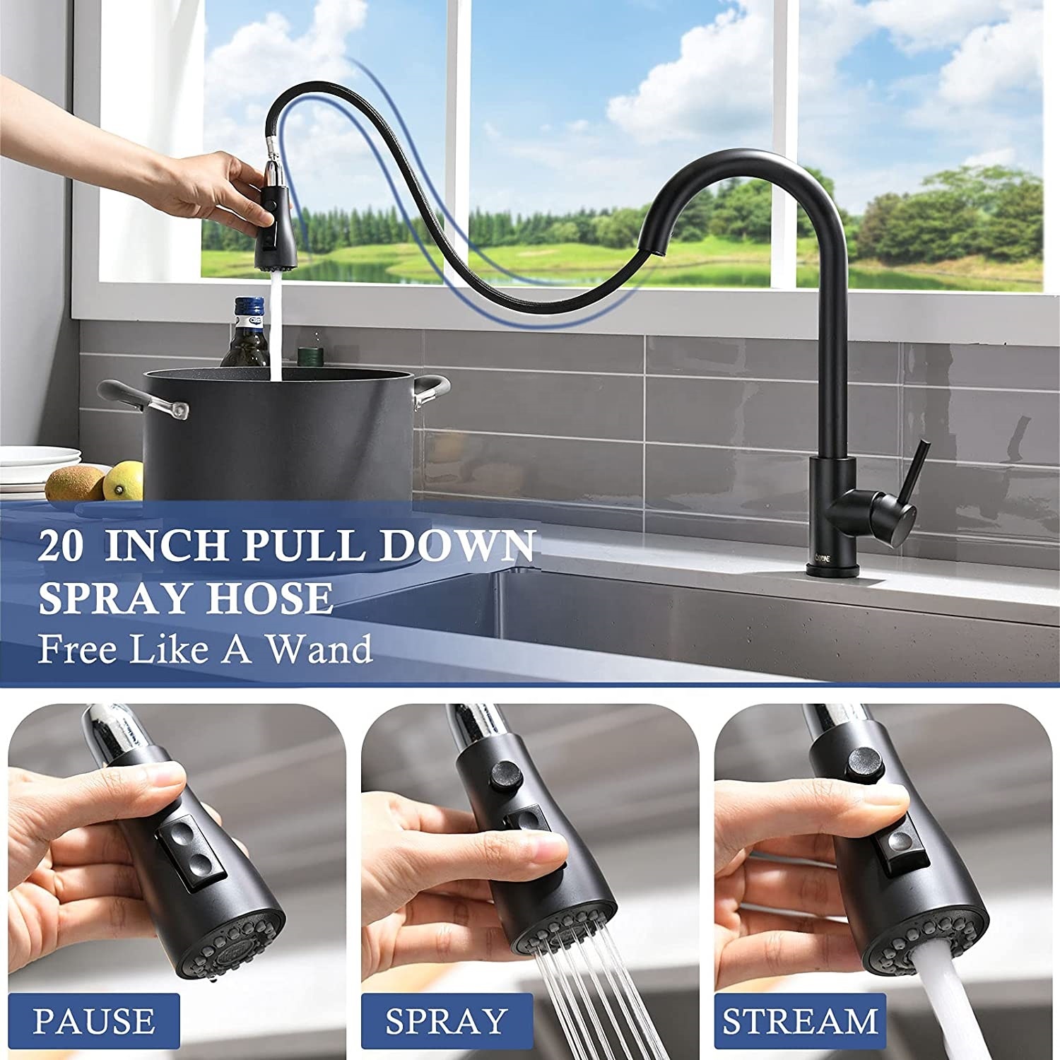 SUS304 Stainless Steel Kitchen Sink Faucet Kitchen Faucet Pull Down Black