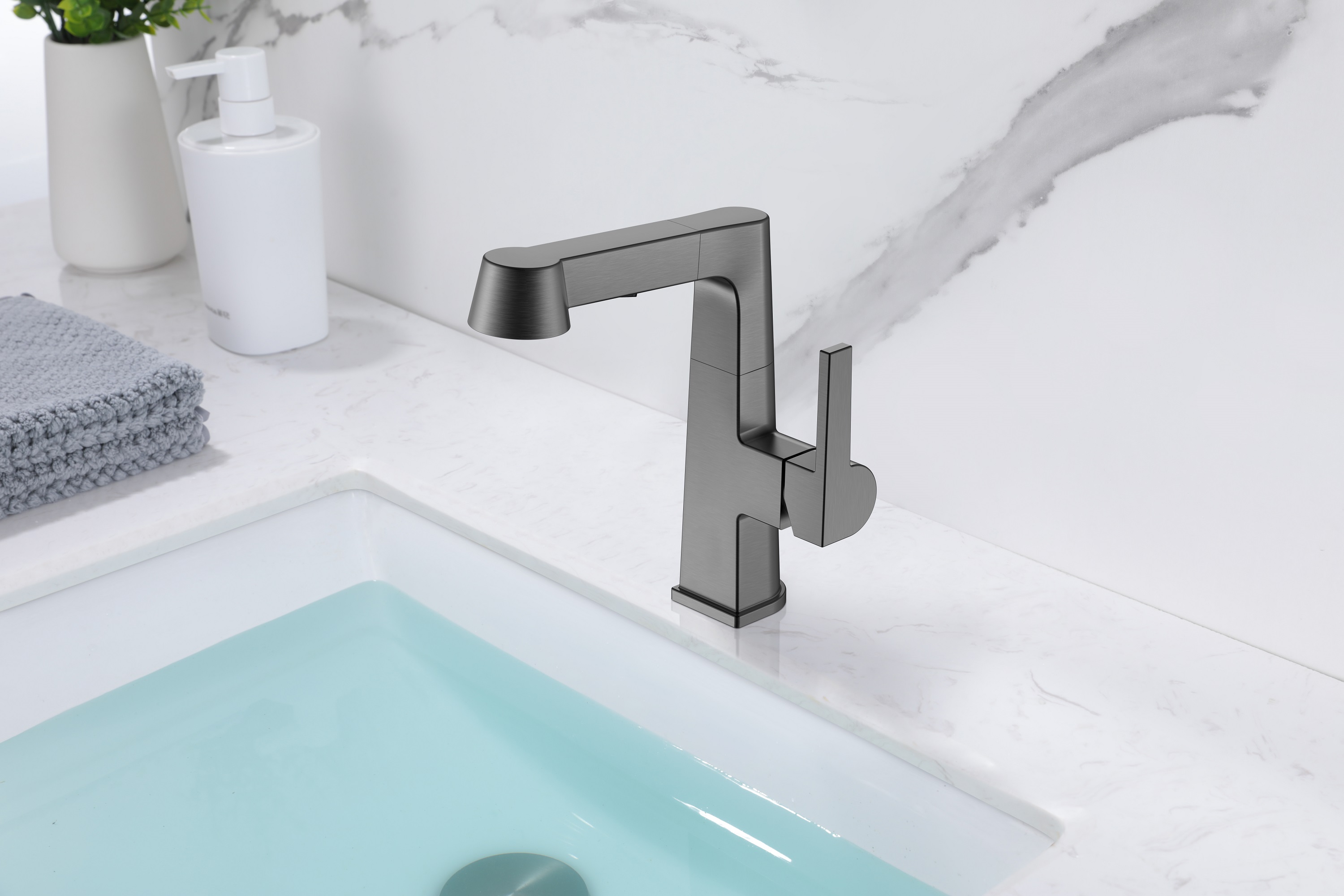 Square Adjustable Hieght Chrome Bathroom Faucet Pull Out Bathroom Faucet