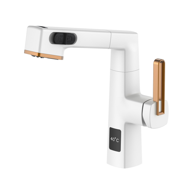  Temperature Display Unique Design White And Rose Gold Pull Out Bathroom Faucet Adjustable Height