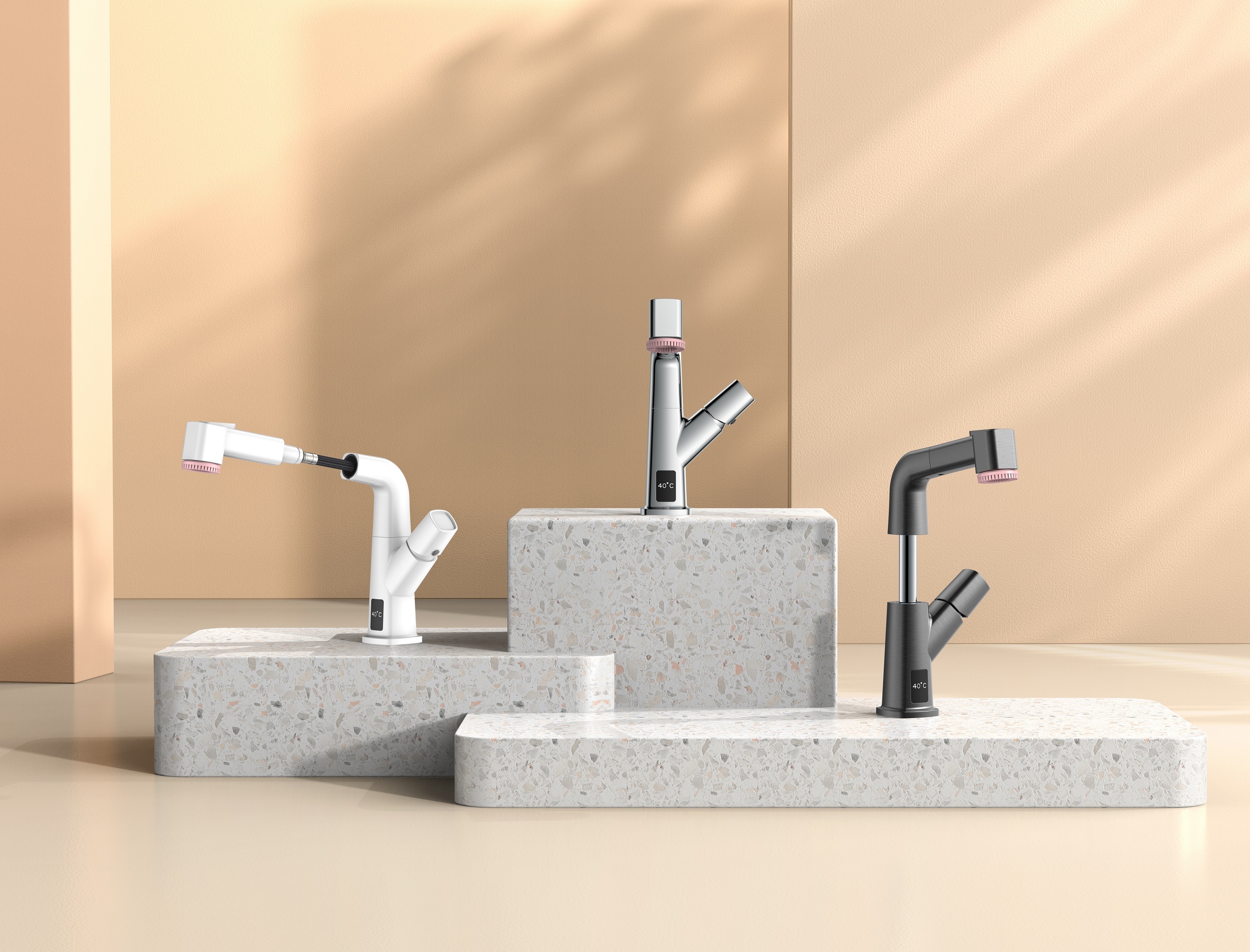 Temperature Display Basin Faucet Matte White Pull Out Bathroom Faucet