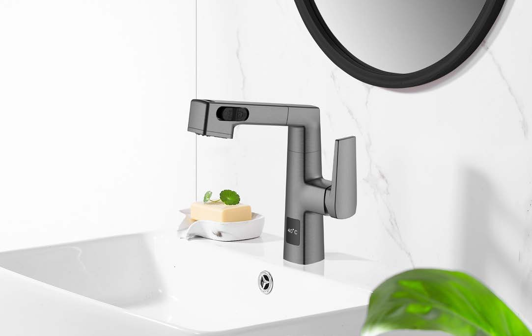 Latest Design Temperature Display Adjustable Height Matte White Pull Out Bathroom Faucet