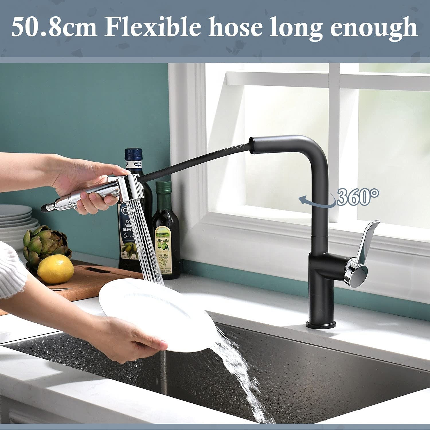 Deck Mounted 360 Rotating Faucet Black Faucet Kitchen Sink Polished Brass Kitchen Faucet