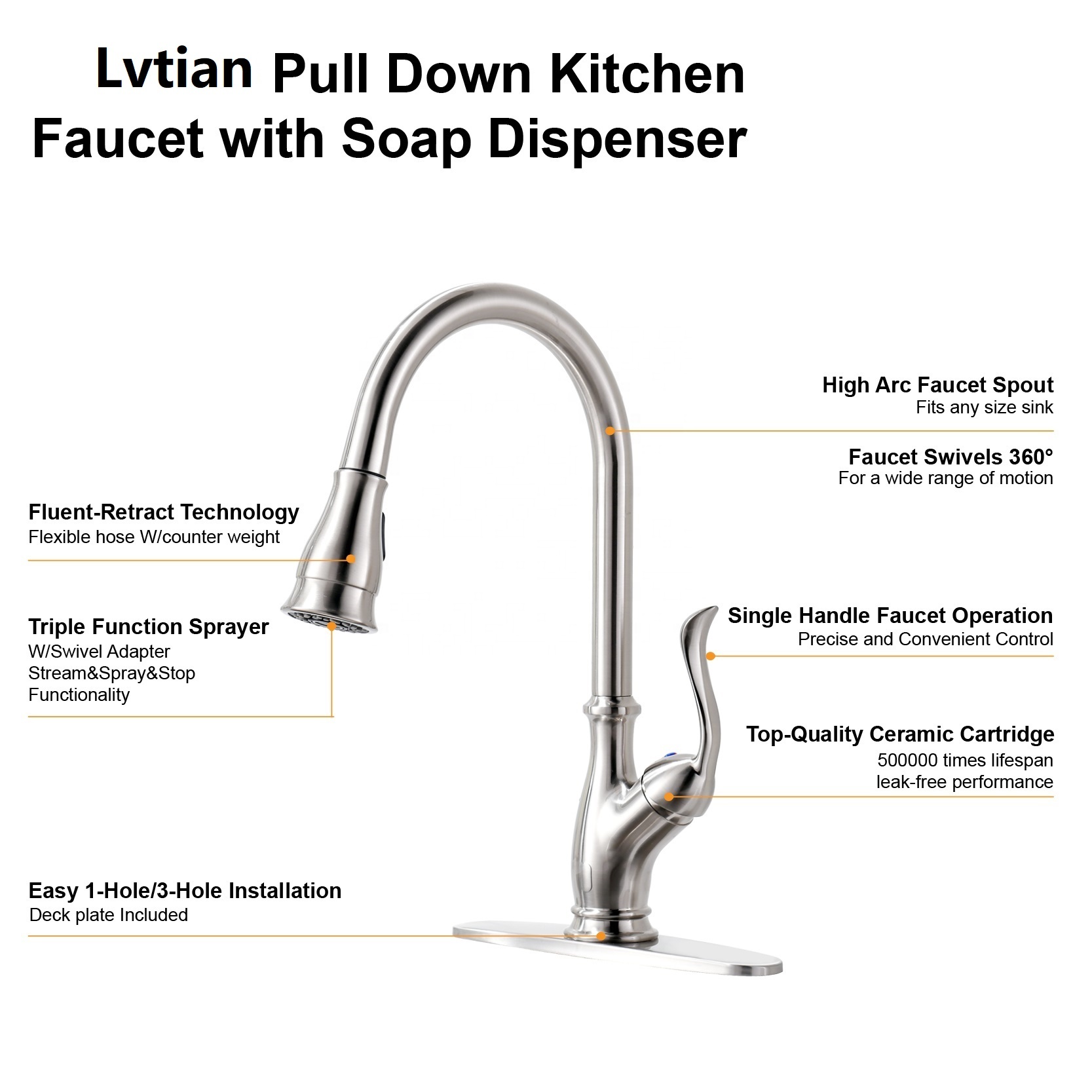 Lvtian Faucet Stainless Steel Kitchen Faucet With Pull Down Flexible Hose For Kitchen