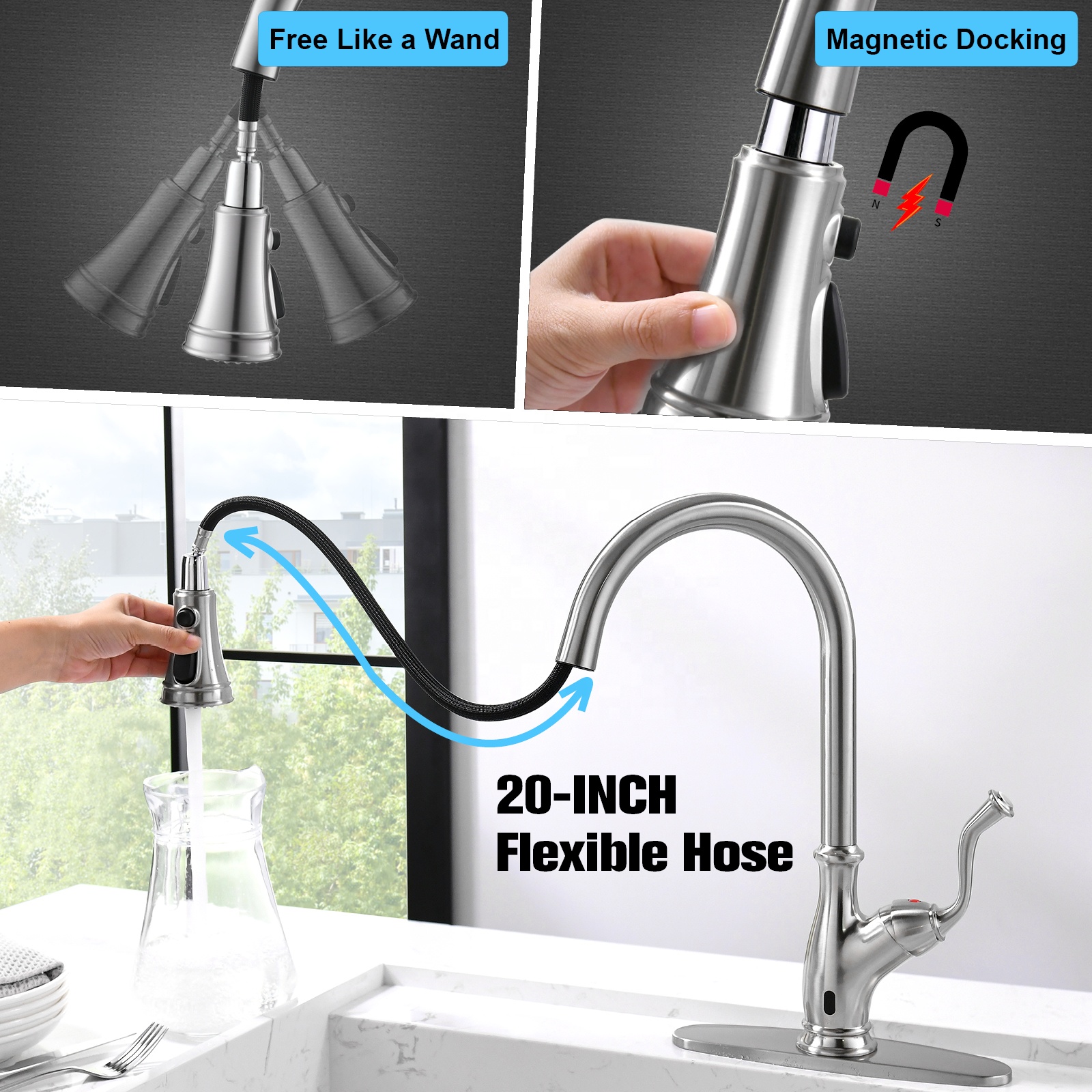 Hot Sale 304 Stainless Steel Touchless Sensor Pull Out Kitchen Faucet with Sprayer