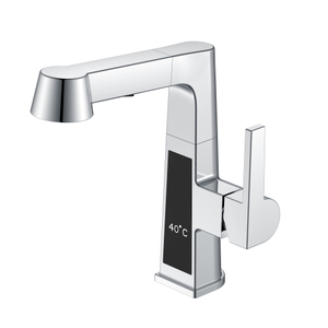 Square Chrome Basin Faucet Temperature Display Pull Out Bathroom Faucet
