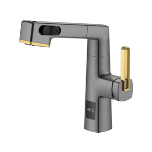  Temperature Display Unique Design Black Stainless And Brushed Gold Pull Out Bathroom Faucet Adjustable Height