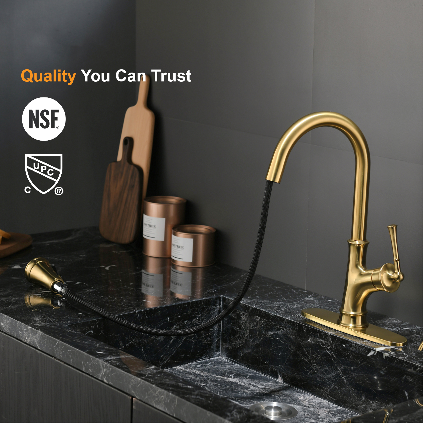 Single Handle Pull Down Kitchen Faucet Gold Kitchen Sink Faucets American CUPC Pull Down Kitchen Faucet