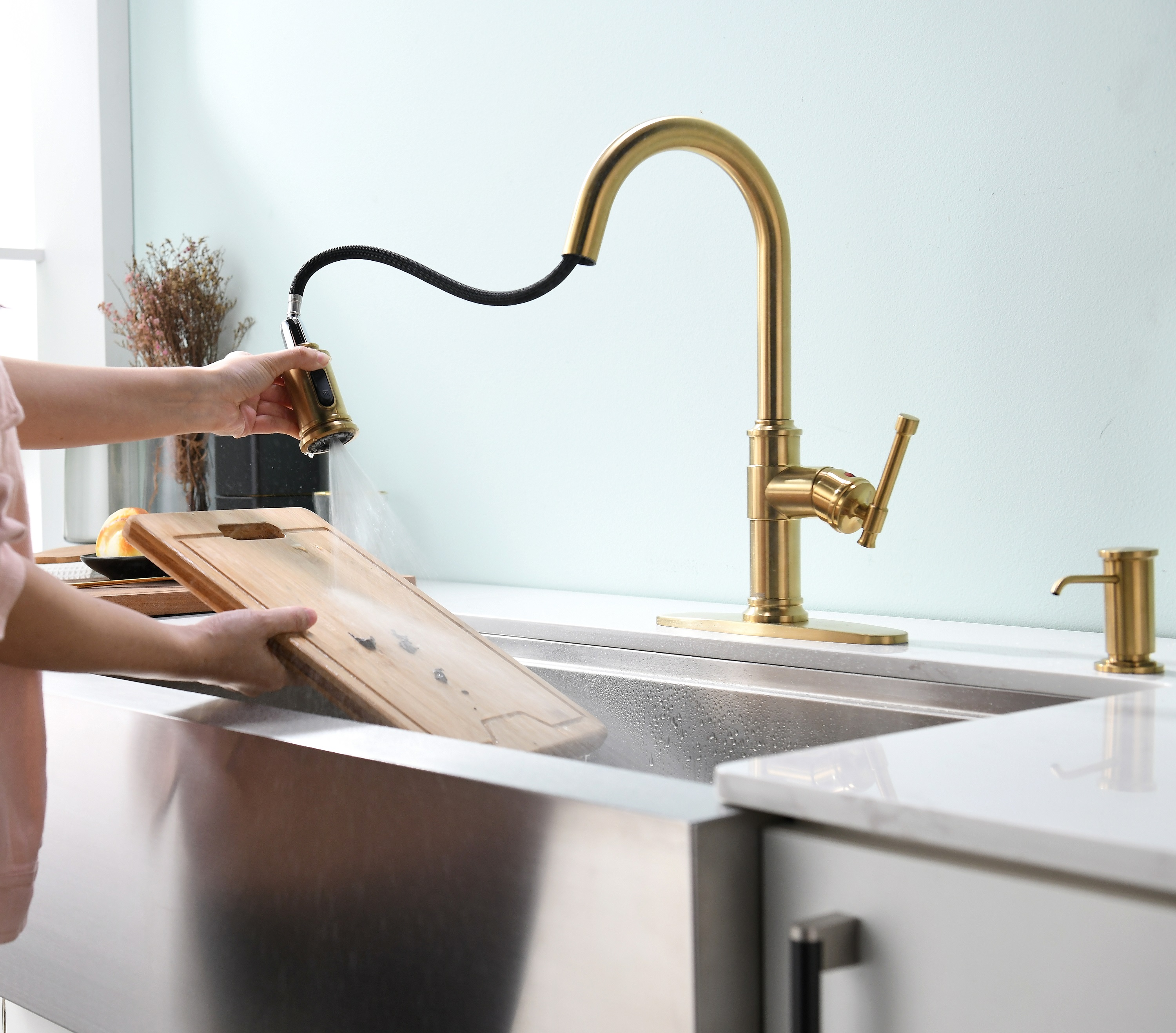 Brushed Gold Antique Pull-Down Kitchen Faucet with Soap Dispenser