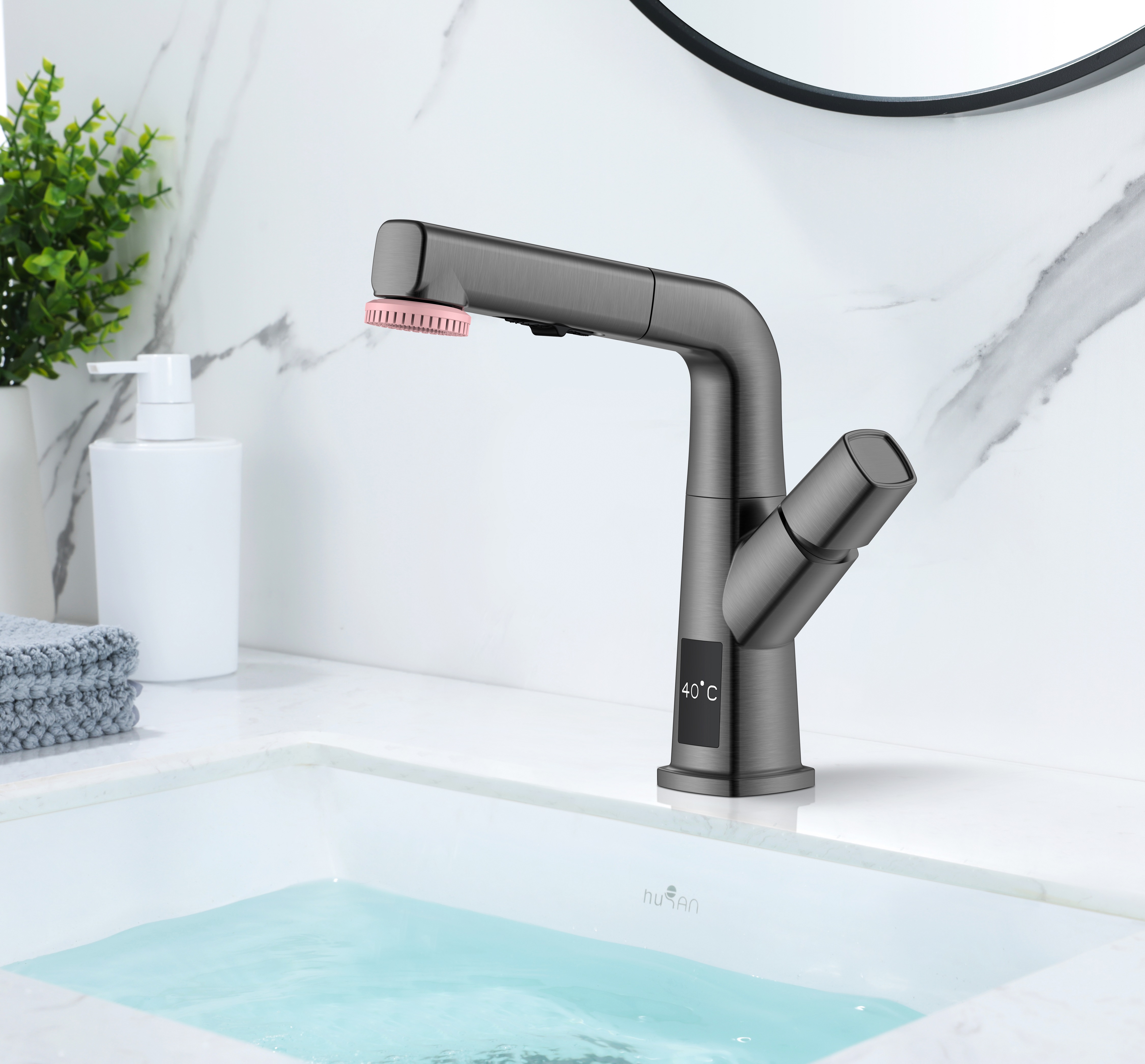 Matte Black Bathroom Faucet Pull Out Basin Faucet Temperature Display 