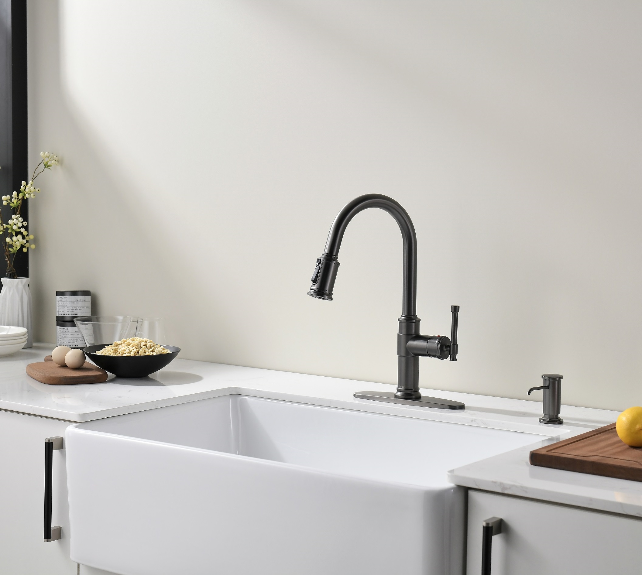 Black Stainless Steel Antique Pull-Down Kitchen Faucet with Soap Dispenser