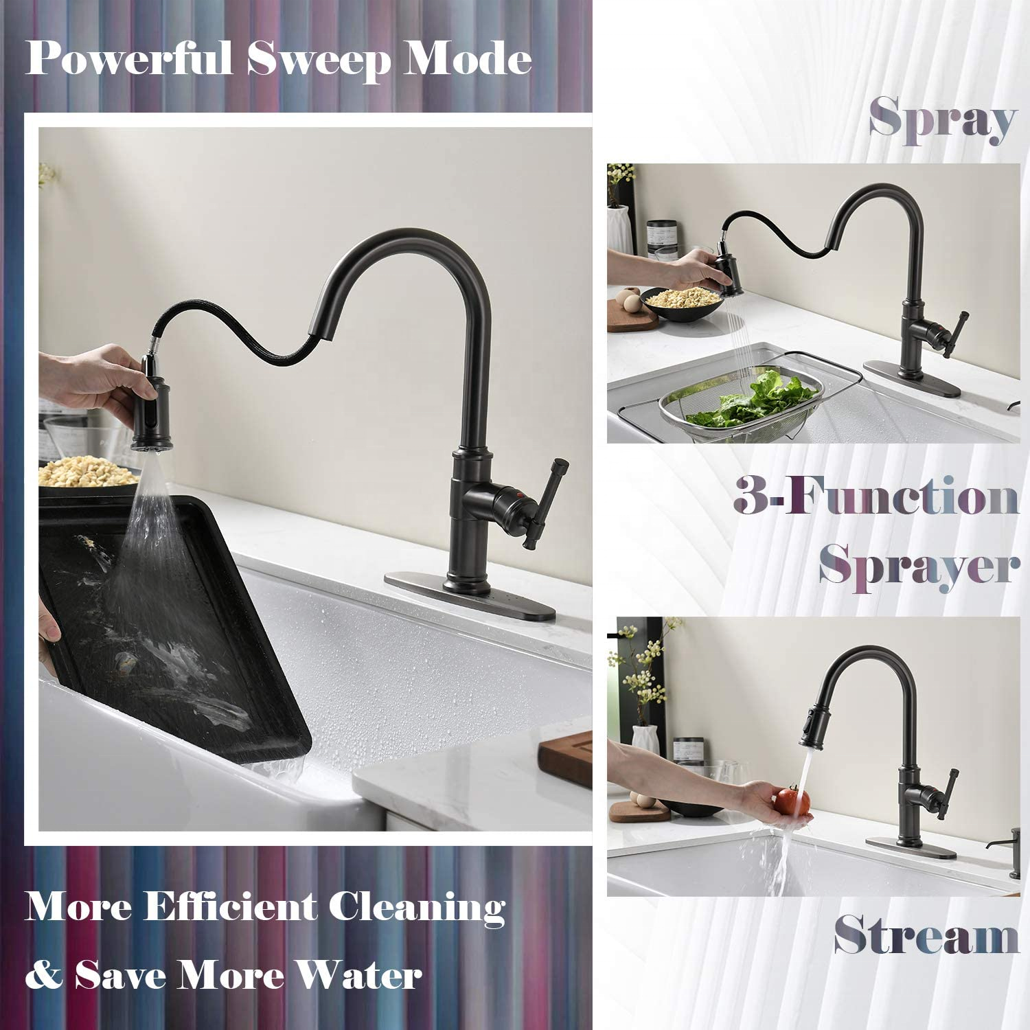 SUS 304 Single Handle European Black 3 Way Kitchen Faucet Sink Tap With Pull Out Sprayer
