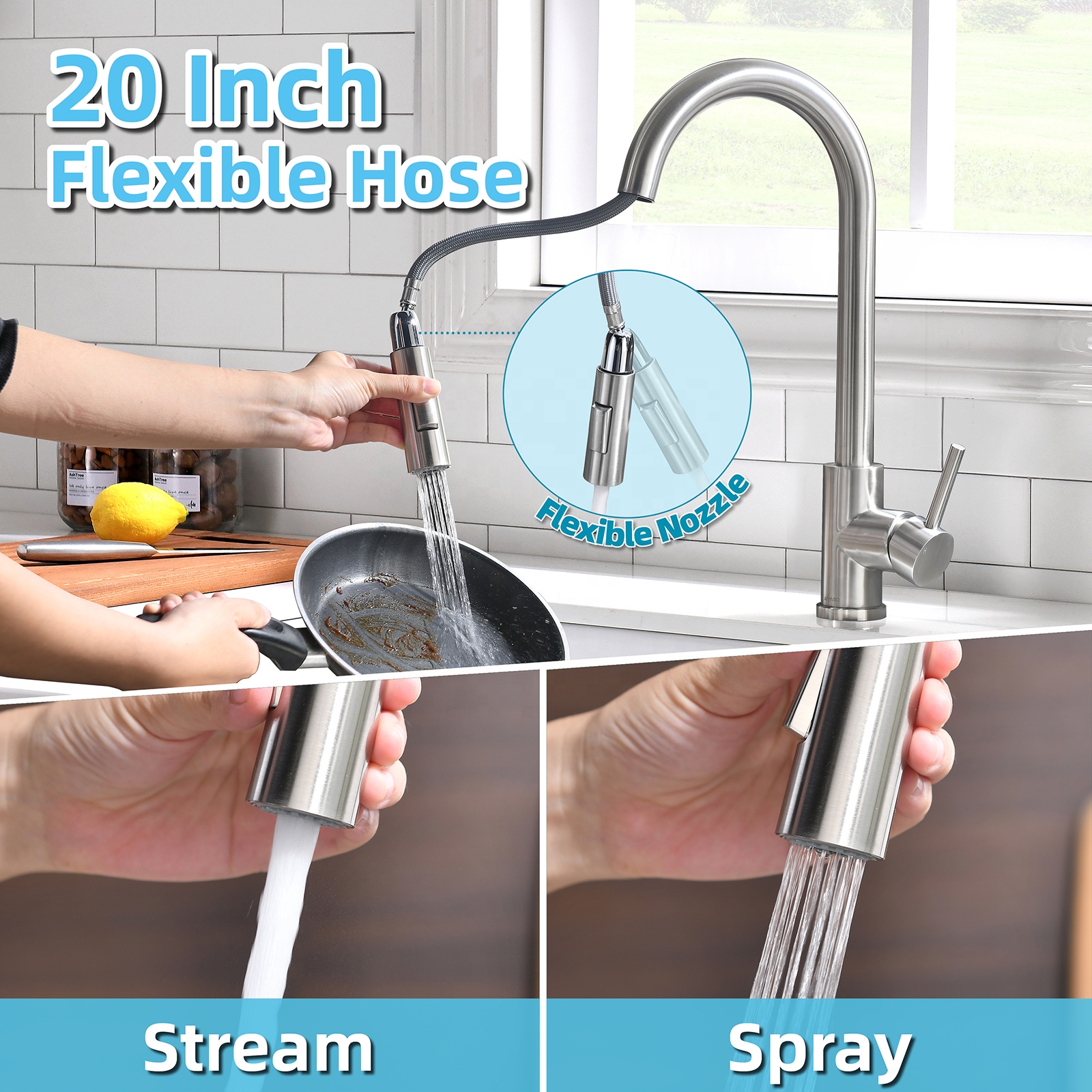 APS209-BN 2-Function Kitchen Tap Single Handle 360 Degree Brushed Nickle Pull Down Kitchen Faucet