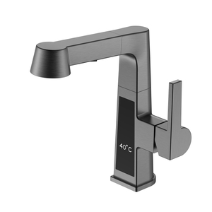 Square Black Stainless Basin Faucet Temperature Display Pull Out Bathroom Faucet