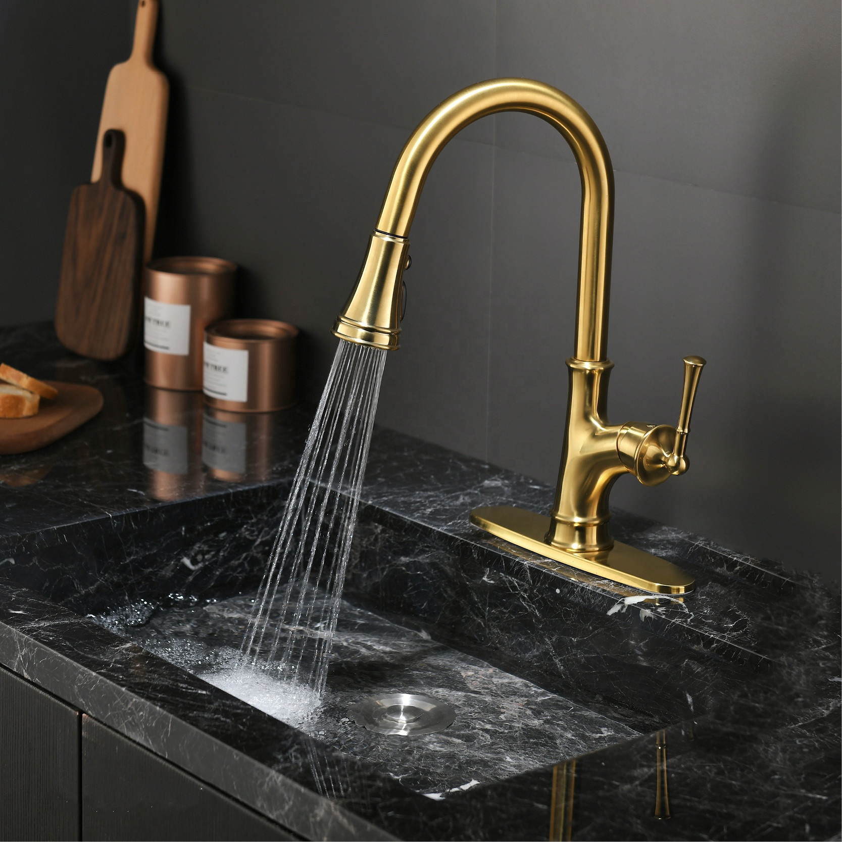 Single Handle Pull Down Kitchen Faucet Gold Kitchen Sink Faucets American CUPC Pull Down Kitchen Faucet
