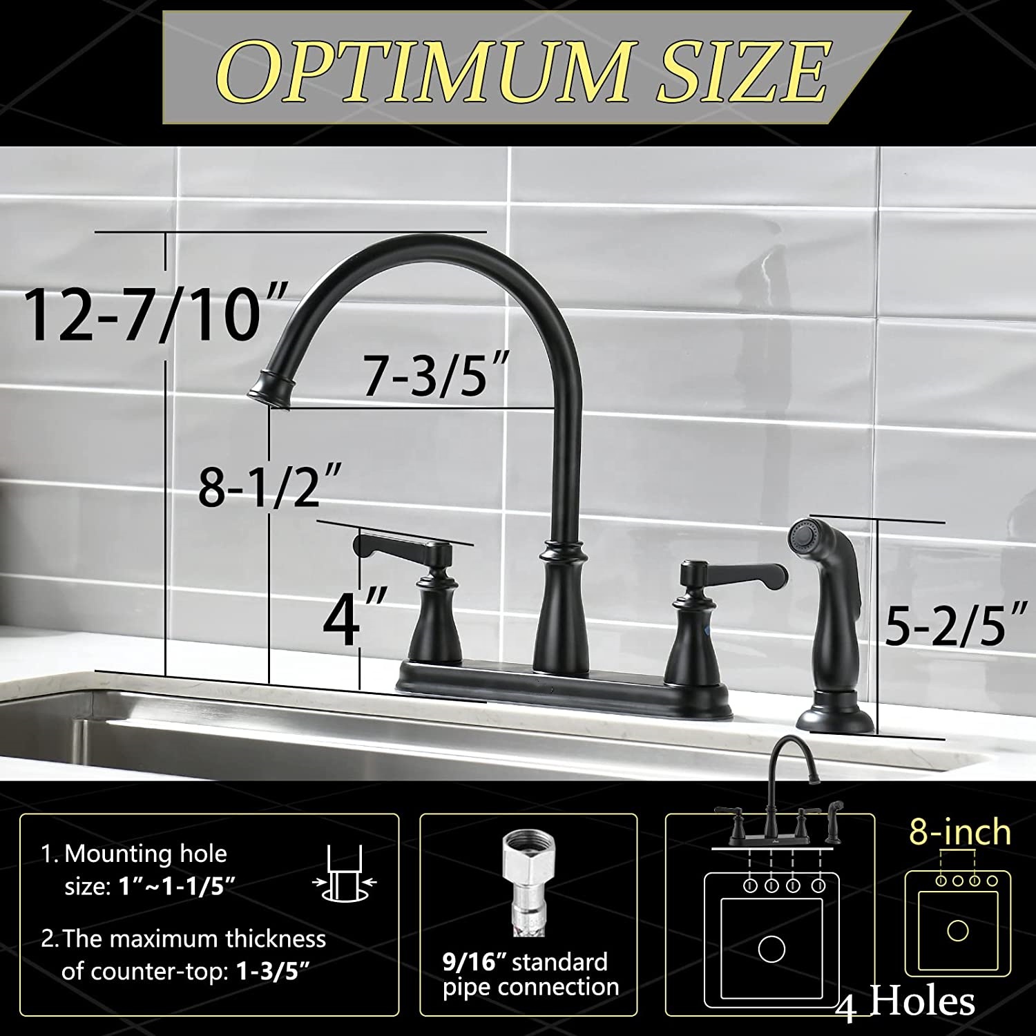 3 Way Faucet Black Kitchen Faucet Shower 8 Inch Dual Level Handle Kitchen Faucet