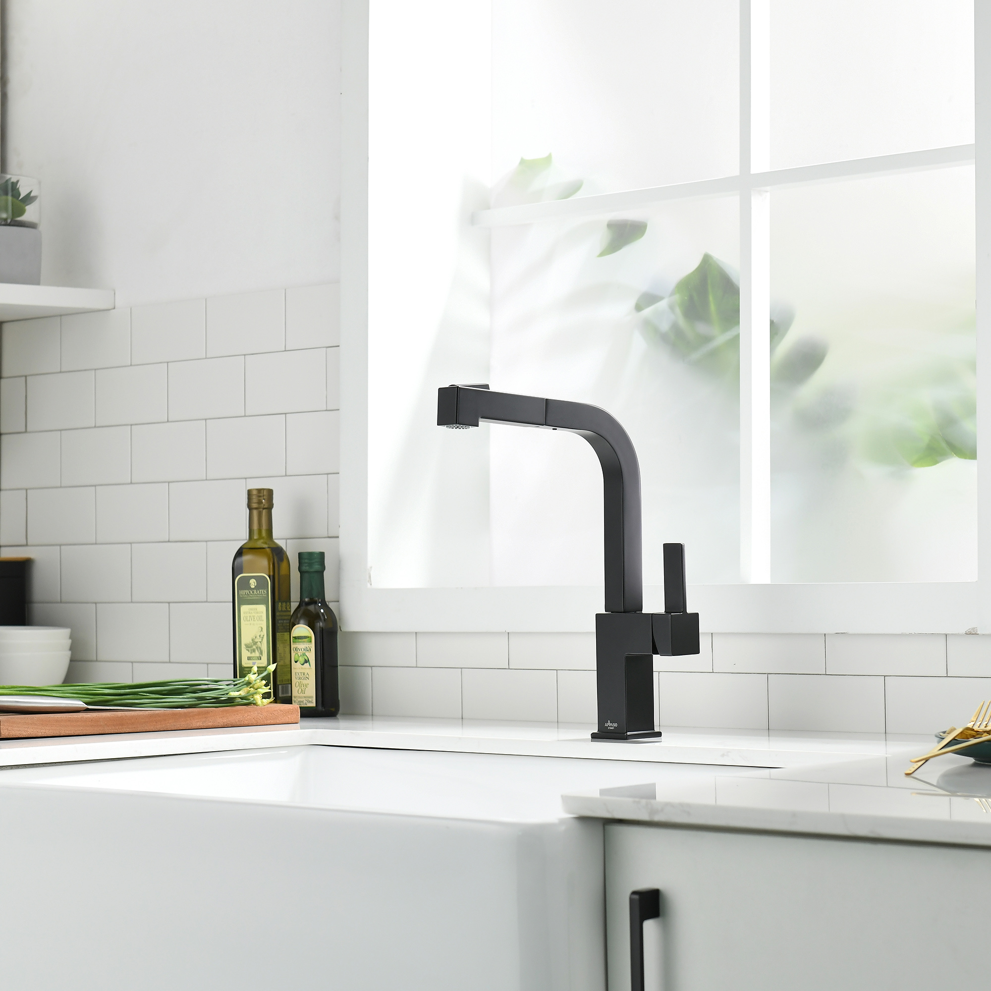 Brushed Nickle Square Kitchen Faucet Pull-Out 