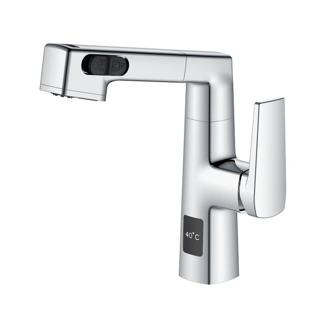  Latest Design Temperature Display Adjustable Height Chrome Pull Out Bathroom Faucet