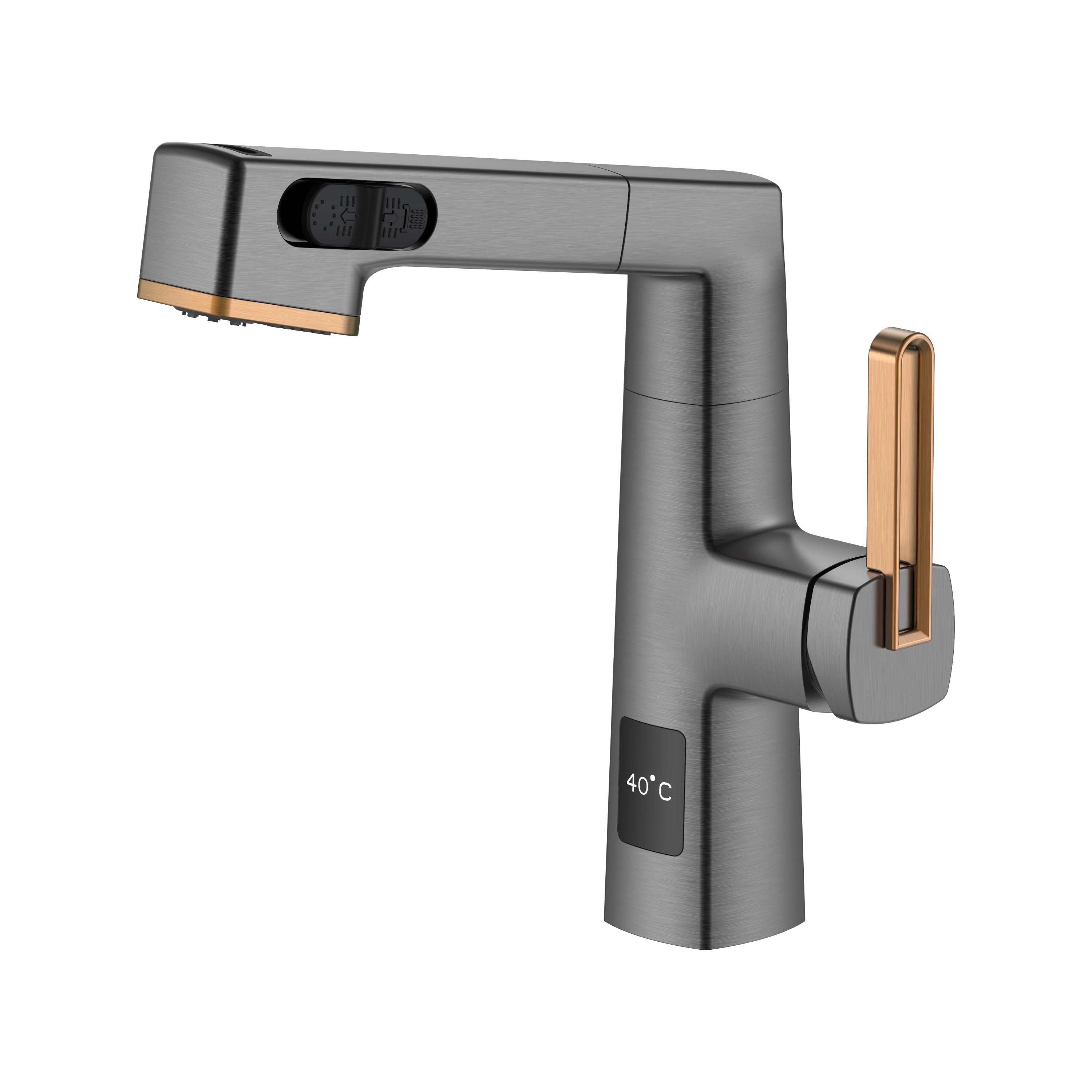  Temperature Display Unique Design Black Stainless And Rose Gold Pull Out Bathroom Faucet Adjustable Height